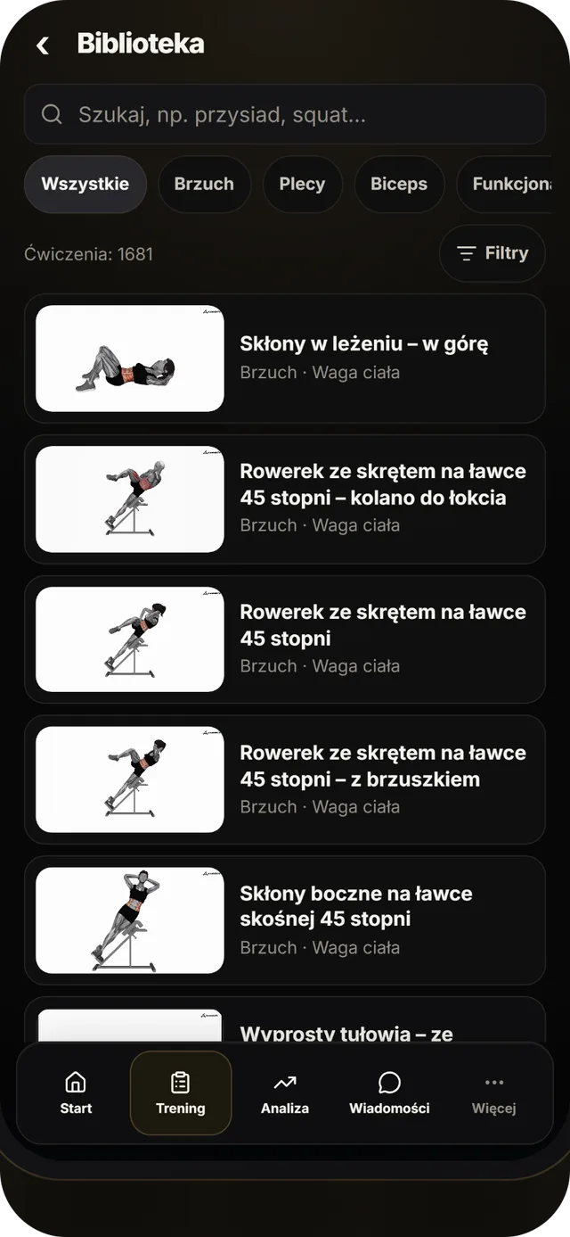 Biblioteka ćwiczeń z wyszukiwarką, filtrami i animacjami